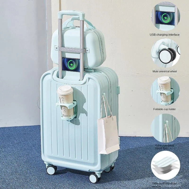 2023 New Combination Suitcase USB Charging Port with Cup Holder Large Capacity Trolley Case Travel Luggage Rugged Lockbox