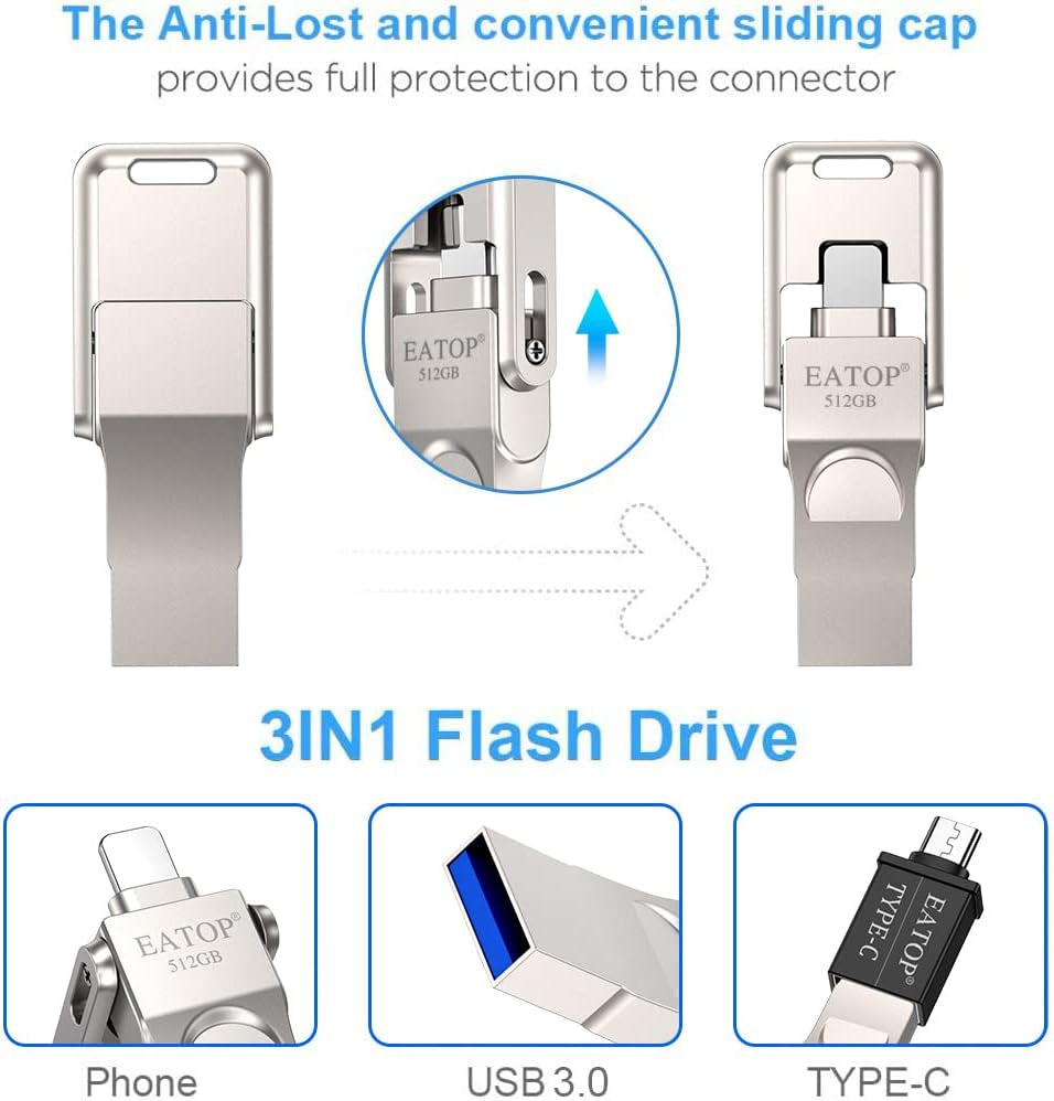 USB 3.0 ,512GB Flash Drive Photo Storage Memory Stick Thumb Drive Compatible with Iphone Ipad Android and Computers (Silver)