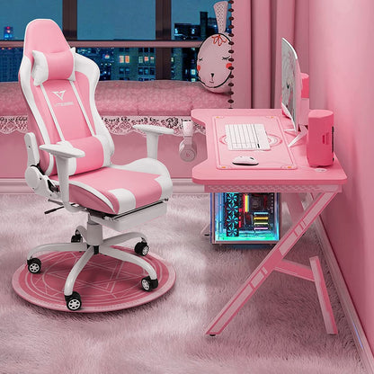 Pink Gaming Chair with Footrest Cute Kawaii Gaming Chair for Girl Gamer Chair Ergonomic Office Desk Chair Racing Chair Adjustable High Back Chair with Lumbar Support and Headrest,Pink/White