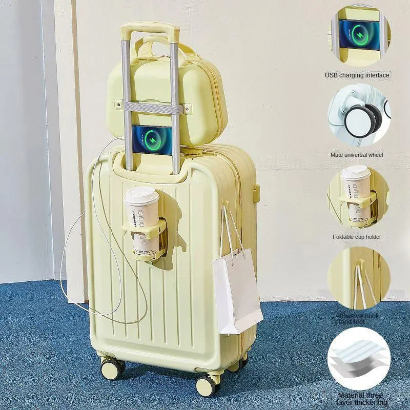 2023 New Combination Suitcase USB Charging Port with Cup Holder Large Capacity Trolley Case Travel Luggage Rugged Lockbox