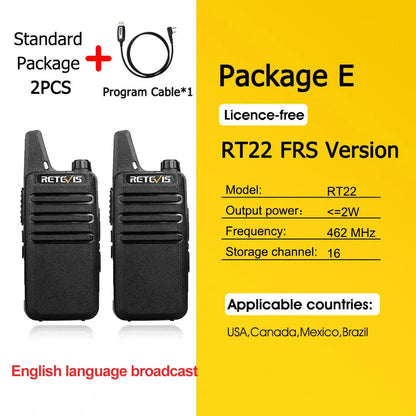 2 Pcs Mini Walkie Talkie PMR 446 Portable Two-Way Radio Ht PTT Walkie-Talkies RT622 Portable Radio for Hunting Cafe RT22