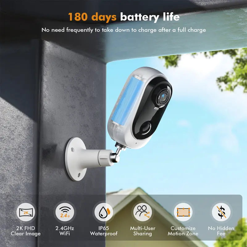 Solar Battery Powered Wireless 2.4Ghz WIFI Indoor/Outdoor Security Camera with 2K 3MP Full HD, AI Detection, Color Night Vision and Siren Alarm