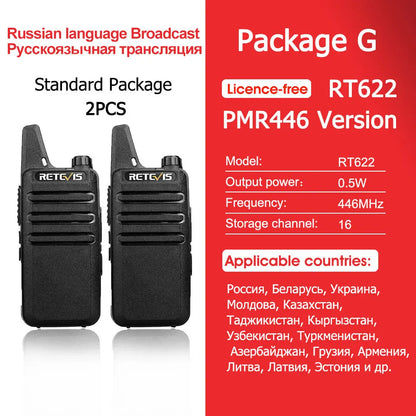 2 Pcs Mini Walkie Talkie PMR 446 Portable Two-Way Radio Ht PTT Walkie-Talkies RT622 Portable Radio for Hunting Cafe RT22