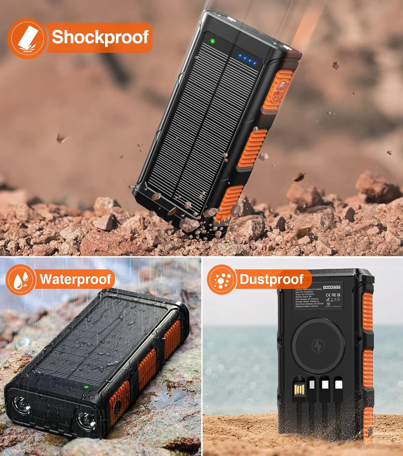 45800Mah Solar Power Bank Built in Hand Crank & 4 Cables, Battery Pack Qi Wireless Charger, Portable Solar Charger for Cell Phone