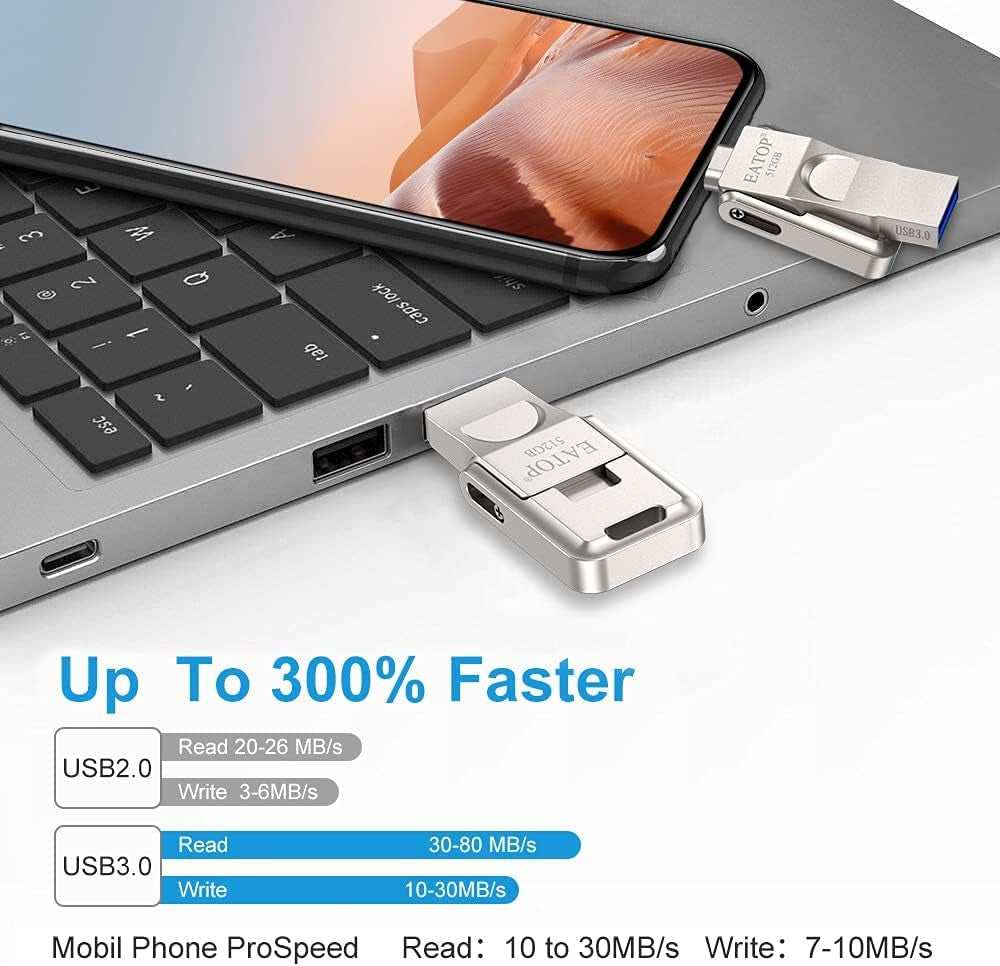 USB 3.0 ,512GB Flash Drive Photo Storage Memory Stick Thumb Drive Compatible with Iphone Ipad Android and Computers (Silver)