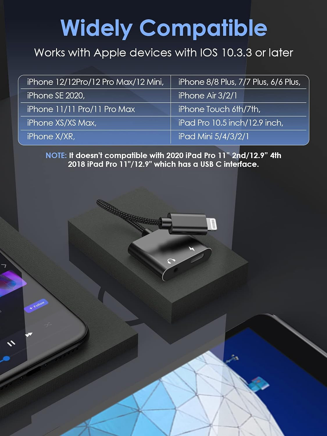 Iphone Aux and Charger Adapter, Mfi Iphone Adapter for Headphone Jack and Charger Dual Charging Dongle Adaptor Earphone Audio Converter for Iphone 14 13 12 11 Pro Max 7 8 plus SE X XR XS