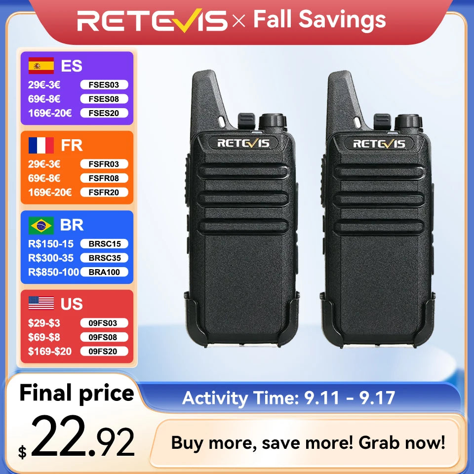 2 Pcs Mini Walkie Talkie PMR 446 Portable Two-Way Radio Ht PTT Walkie-Talkies RT622 Portable Radio for Hunting Cafe RT22