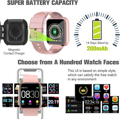 Smart Watch, Fitness Watch Activity Tracker with Blood Pressure Heart Rate Monitor IP67 Waterproof Bluetooth Smartwatch Touch Screen Sports Tracker Watch for Ios Phones Android Men Women Pink