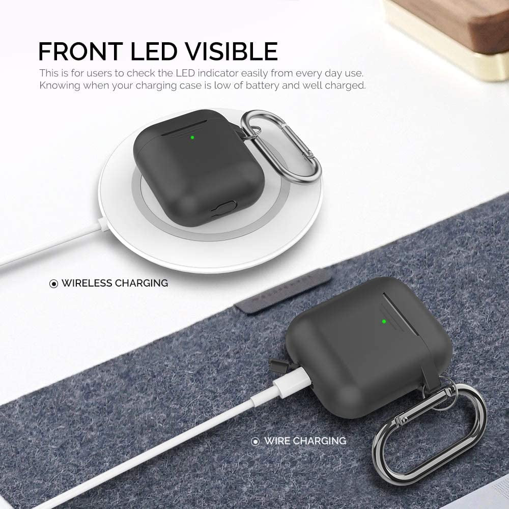 Upgrade Silicone Case Protective Cover [Front LED Visible] Compatible with Apple Airpods 2 & 1 (Black)