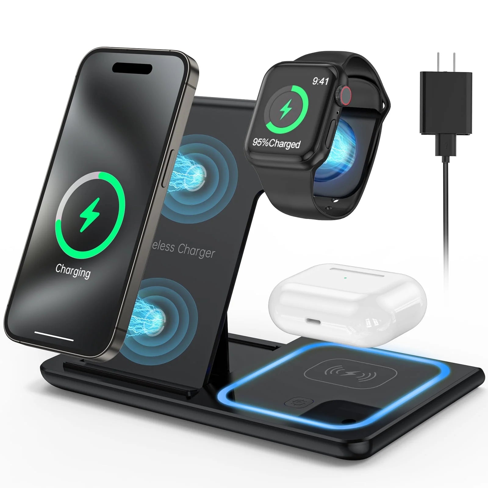 Wireless Charger, 18W Fast Iphone Charging Station for Iphone 16/15/14/13/12 /11/Pro Max/Plus, 3 in 1 Wireless Charging Stand for Iwatch Series SE 10/9/8/7/6/5/4/3, Airpods Pro/3/2 (W/ QC3.0 Adapter)