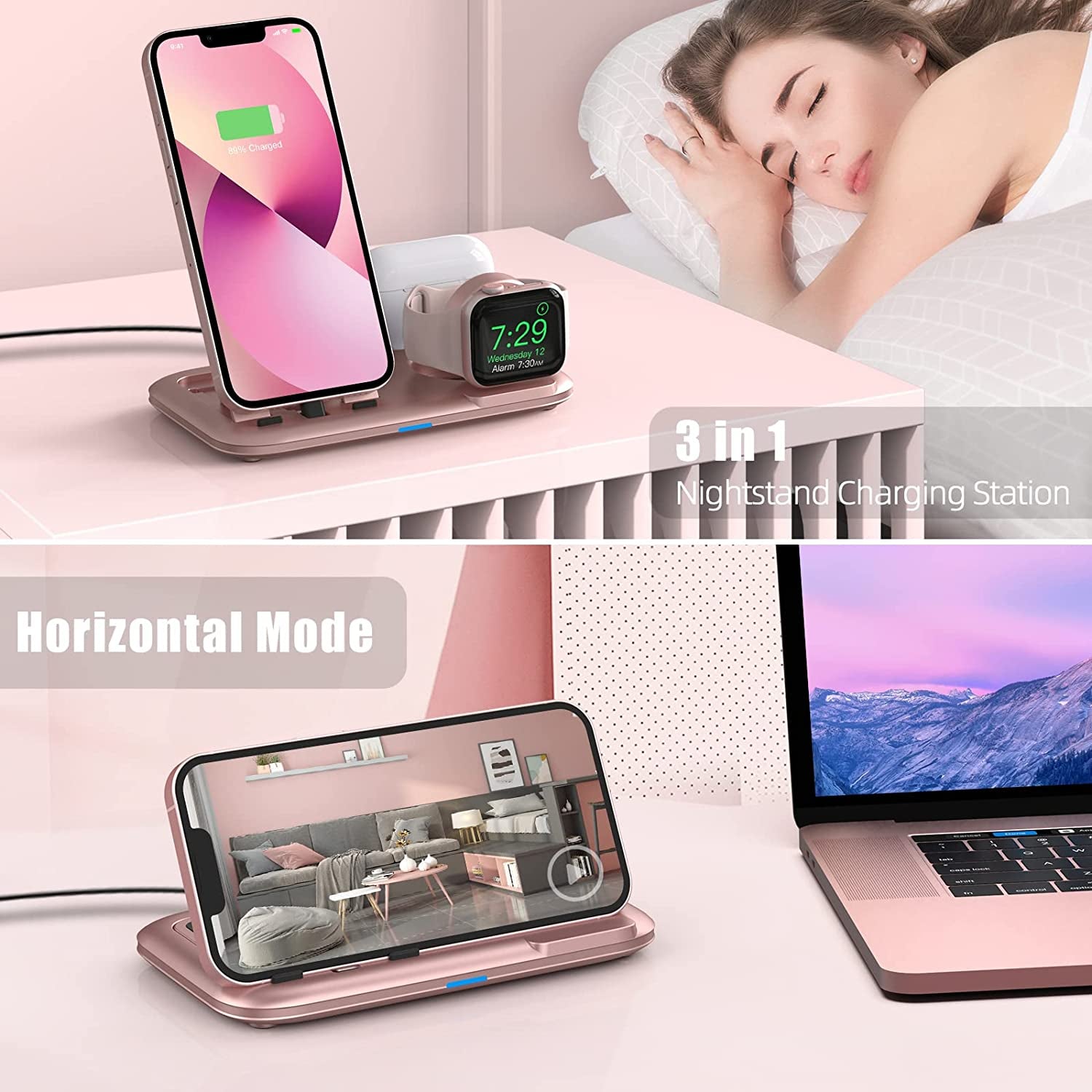 3 in 1 Charging Station for Multiple Devices Apple Bedside Charging Stand for Iphone and Apple Watch 7/6/SE/5/4/3/2/1 Charging Dock for Airpods Pro/3/2/1 (With 12W Fast Charger) Rose Gold