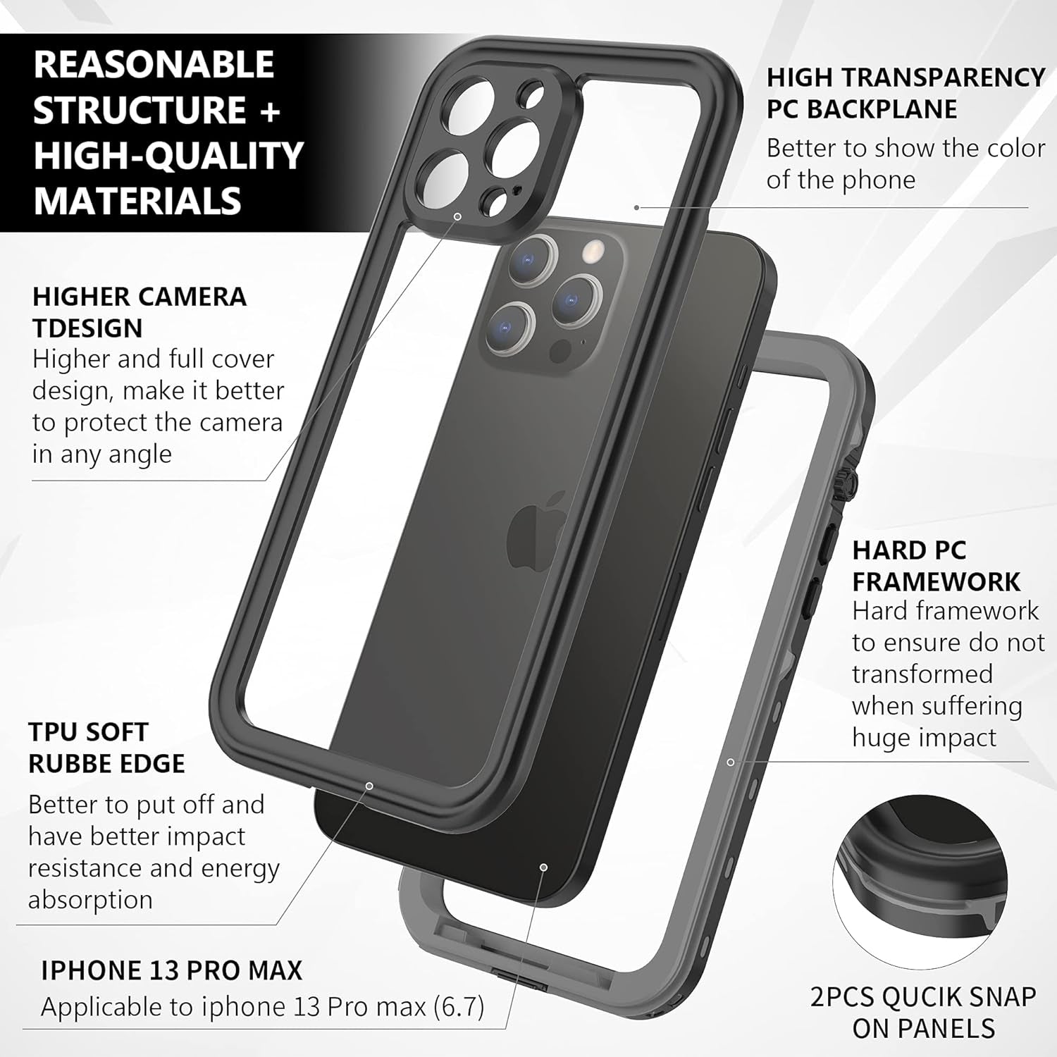 Waterproof Case for Iphone 13 Pro Max, Designed for Iphone 13 Pro Max Case with Built-In Screen Protector. Full Body Heavy Duty Shockproof Case for Iphone 13 Pro Max 6.7 Inch (2021) (Black+Clear)