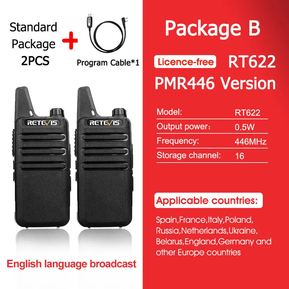 2 Pcs Mini Walkie Talkie PMR 446 Portable Two-Way Radio Ht PTT Walkie-Talkies RT622 Portable Radio for Hunting Cafe RT22