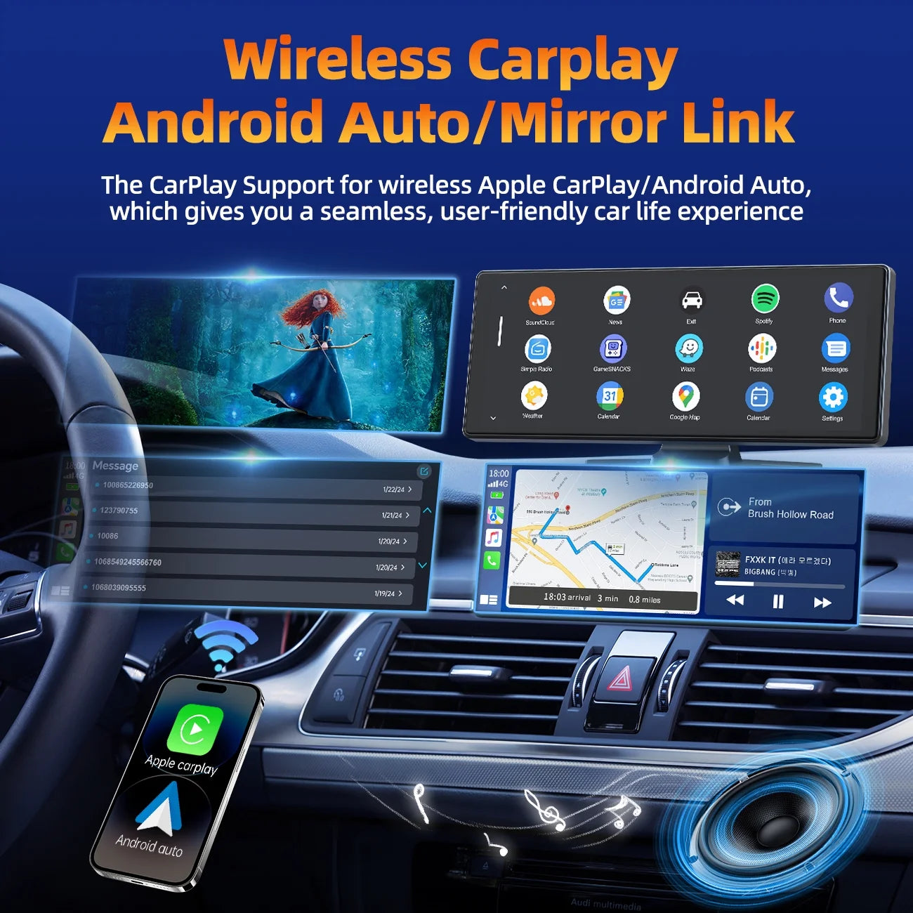 9.26" Touchscreen Wireless Carplay Screen for Car, Portable Touchscreen GPS Navigation for Car, Car Stereo with Bluetooth, Airplay, AUX/FM, Googel, Siri