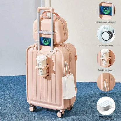 2023 New Combination Suitcase USB Charging Port with Cup Holder Large Capacity Trolley Case Travel Luggage Rugged Lockbox