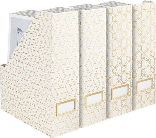 Magazine Holders White Magazine Holder - Set of 4 Gold Magazine Holders with Cream Woven Design Vintage Magazine Holder - Magazine File Holder Organizer Box - Book Bins Magazine File Box Office Décor