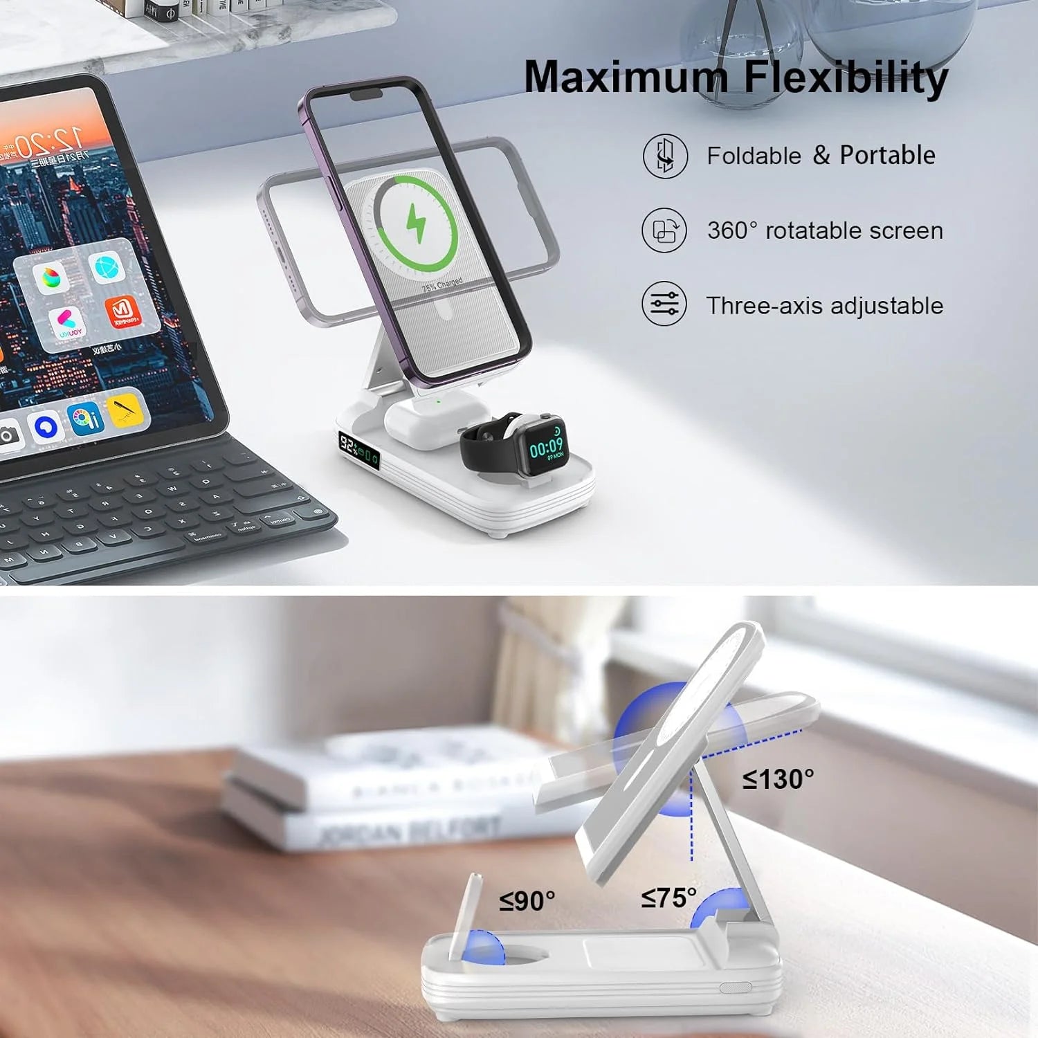 5 in 1 Wireless Charging Station with 10000Mah Power Bank Digital Display Automatic Magnetic 20W Fast Charger Station Stand Compatible with Iphone 15/14/13/12 All Series & Airpods & Iwatch