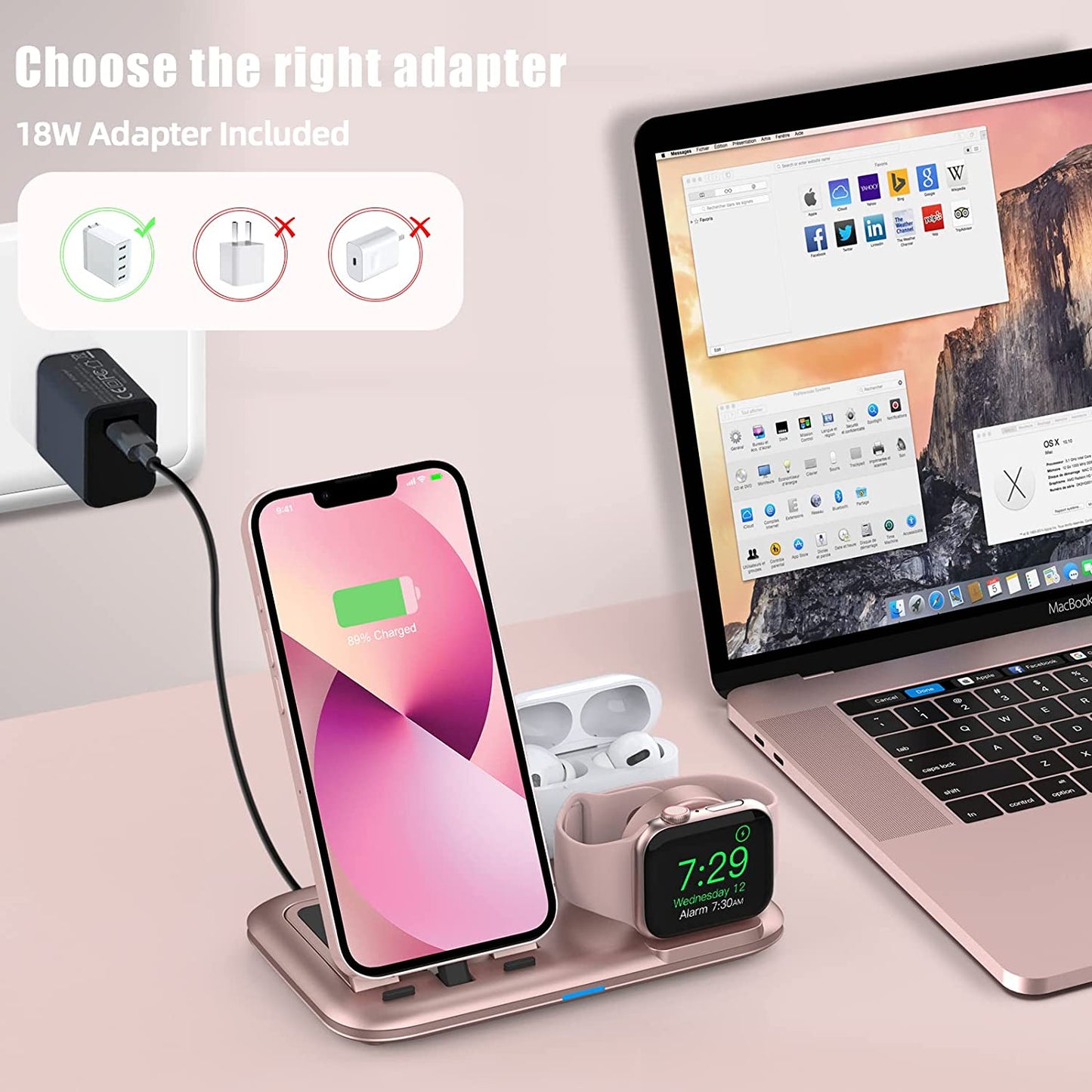 3 in 1 Charging Station for Multiple Devices Apple Bedside Charging Stand for Iphone and Apple Watch 7/6/SE/5/4/3/2/1 Charging Dock for Airpods Pro/3/2/1 (With 12W Fast Charger) Rose Gold