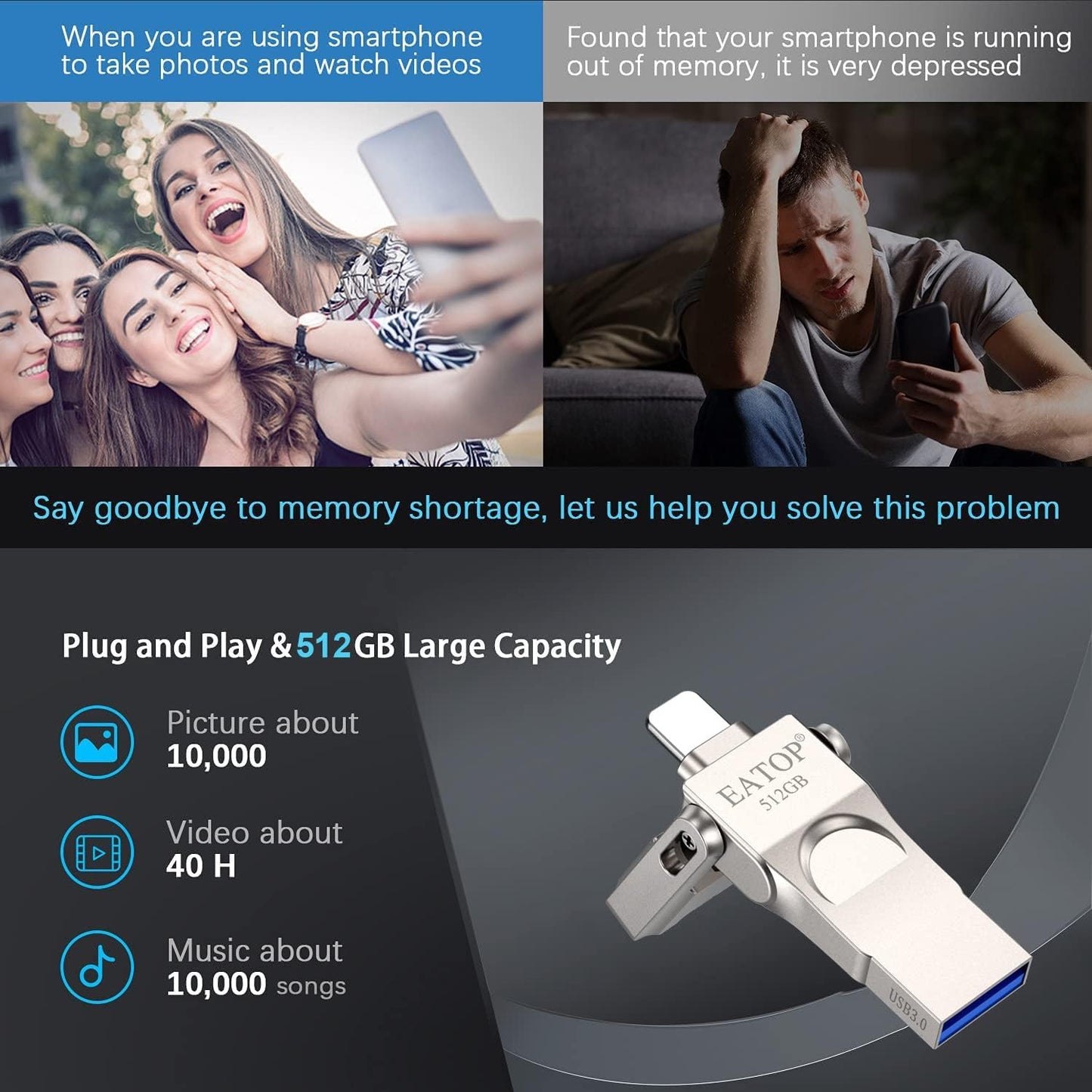 USB 3.0 ,512GB Flash Drive Photo Storage Memory Stick Thumb Drive Compatible with Iphone Ipad Android and Computers (Silver)