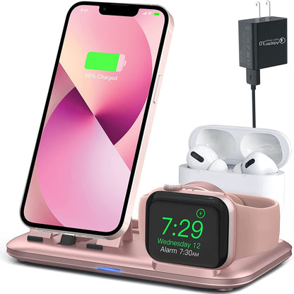 3 in 1 Charging Station for Multiple Devices Apple Bedside Charging Stand for Iphone and Apple Watch 7/6/SE/5/4/3/2/1 Charging Dock for Airpods Pro/3/2/1 (With 12W Fast Charger) Rose Gold