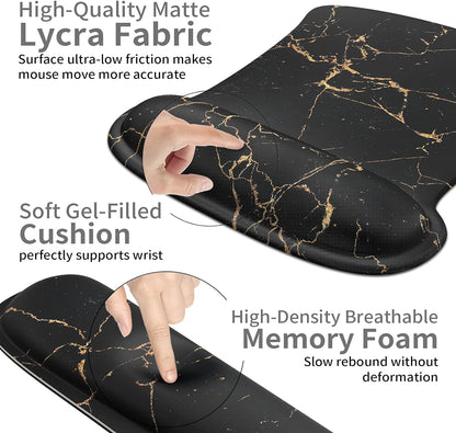 Ergonomic Mouse Pad Wrist Support & Keyboard Set Memory Foam Non-Slip Rubber Base Cute Mouse Mat Coaster for Home,Computer,Office Easy Typing and Relieve Wrist Pain - Black Marble