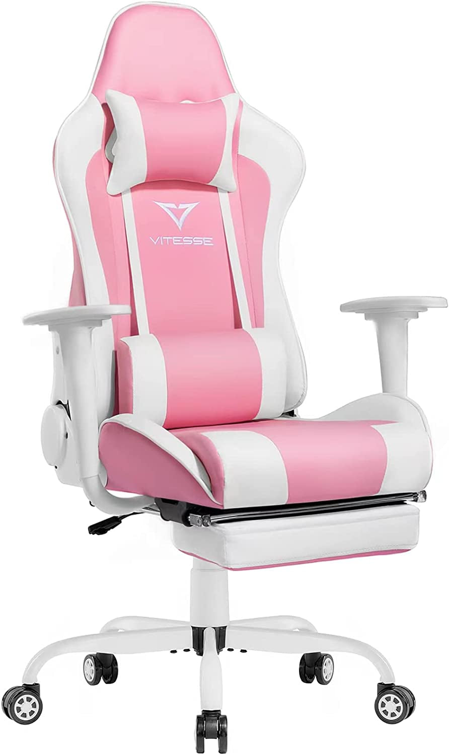 Pink Gaming Chair with Footrest Cute Kawaii Gaming Chair for Girl Gamer Chair Ergonomic Office Desk Chair Racing Chair Adjustable High Back Chair with Lumbar Support and Headrest,Pink/White