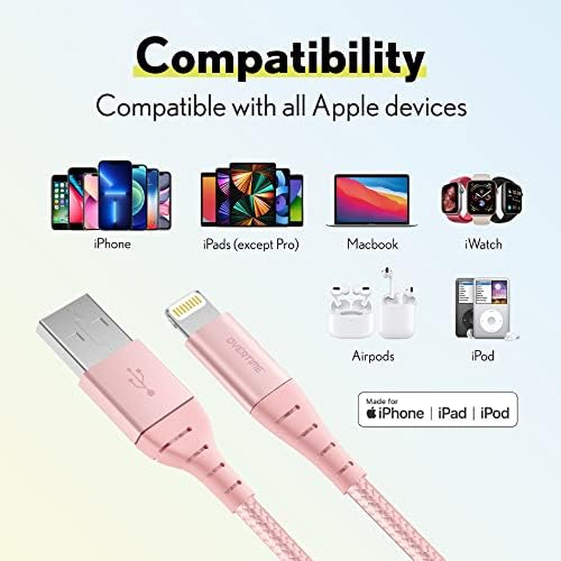 Iphone Lightning Cable, MFI Certified, Portable & Smart Charging USB a to Lightning Cable, Fast Apple Charging Cord, 6Ft Iphone Charger Cord Compatible with Iphone | Ipad | Ipod - Rose Gold