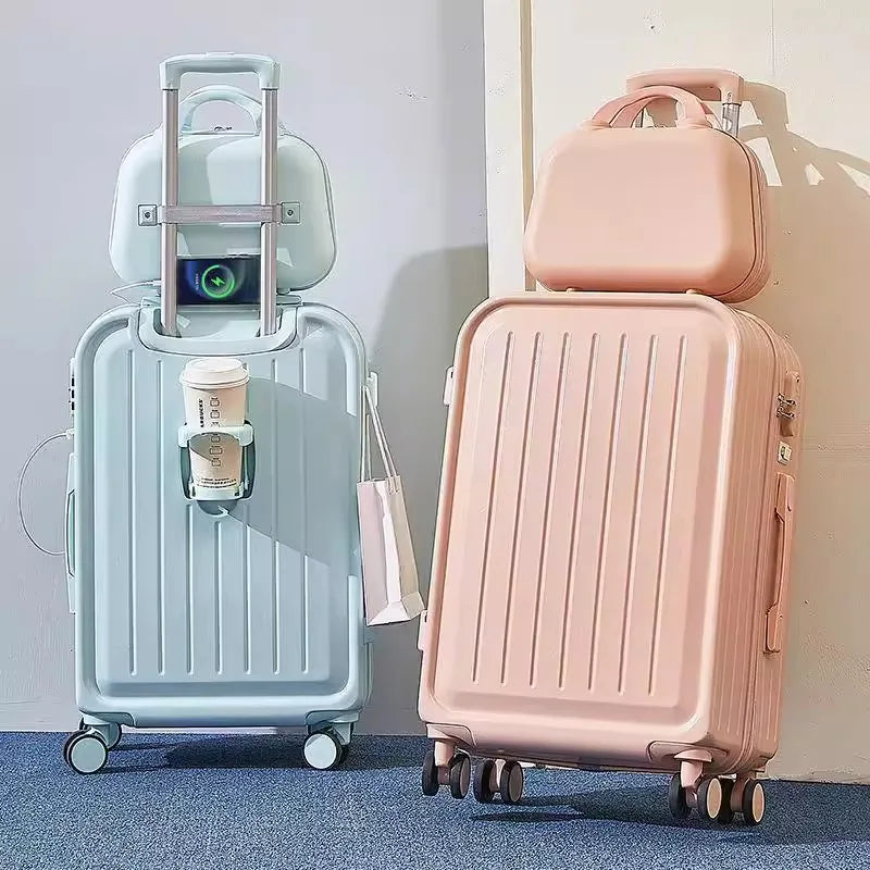 2023 New Combination Suitcase USB Charging Port with Cup Holder Large Capacity Trolley Case Travel Luggage Rugged Lockbox