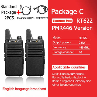 2 Pcs Mini Walkie Talkie PMR 446 Portable Two-Way Radio Ht PTT Walkie-Talkies RT622 Portable Radio for Hunting Cafe RT22