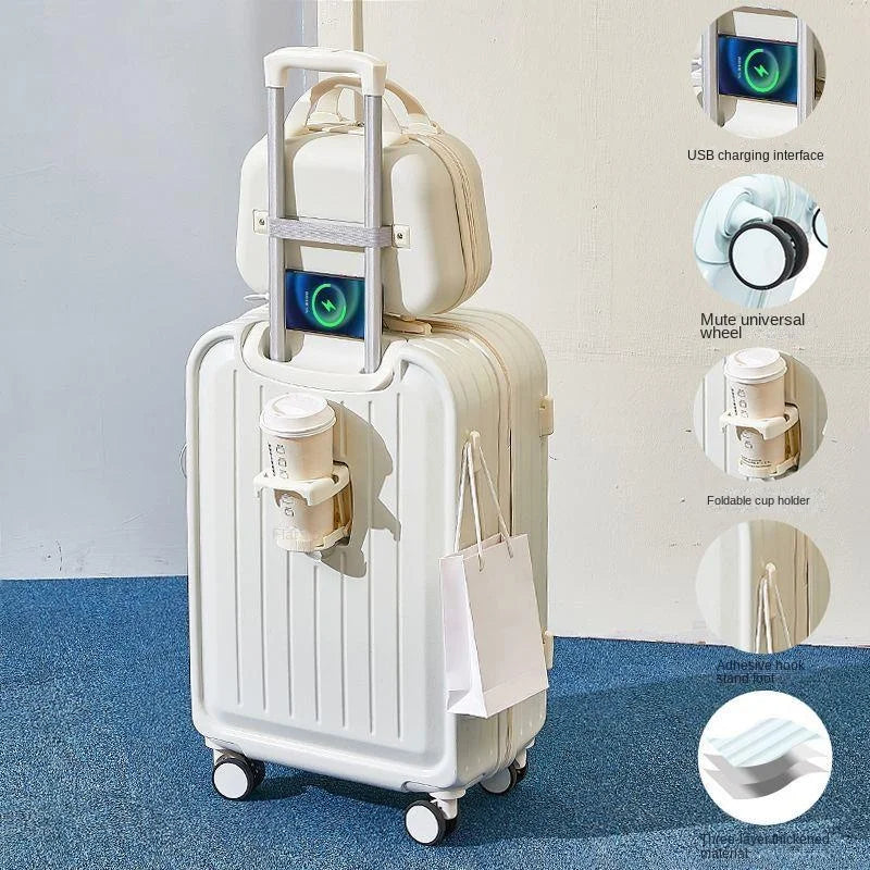 2023 New Combination Suitcase USB Charging Port with Cup Holder Large Capacity Trolley Case Travel Luggage Rugged Lockbox