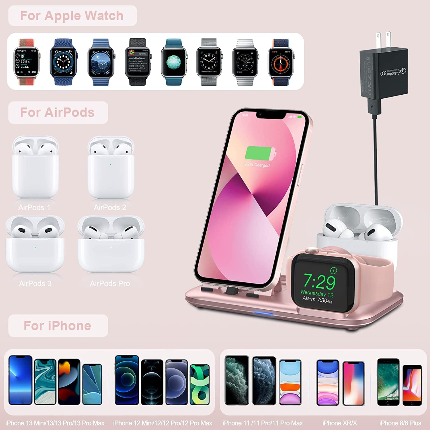 3 in 1 Charging Station for Multiple Devices Apple Bedside Charging Stand for Iphone and Apple Watch 7/6/SE/5/4/3/2/1 Charging Dock for Airpods Pro/3/2/1 (With 12W Fast Charger) Rose Gold