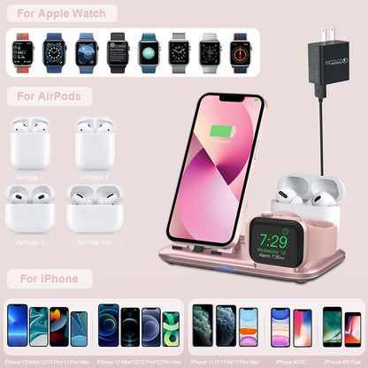 3 in 1 Charging Station for Multiple Devices Apple Bedside Charging Stand for Iphone and Apple Watch 7/6/SE/5/4/3/2/1 Charging Dock for Airpods Pro/3/2/1 (With 12W Fast Charger) Rose Gold