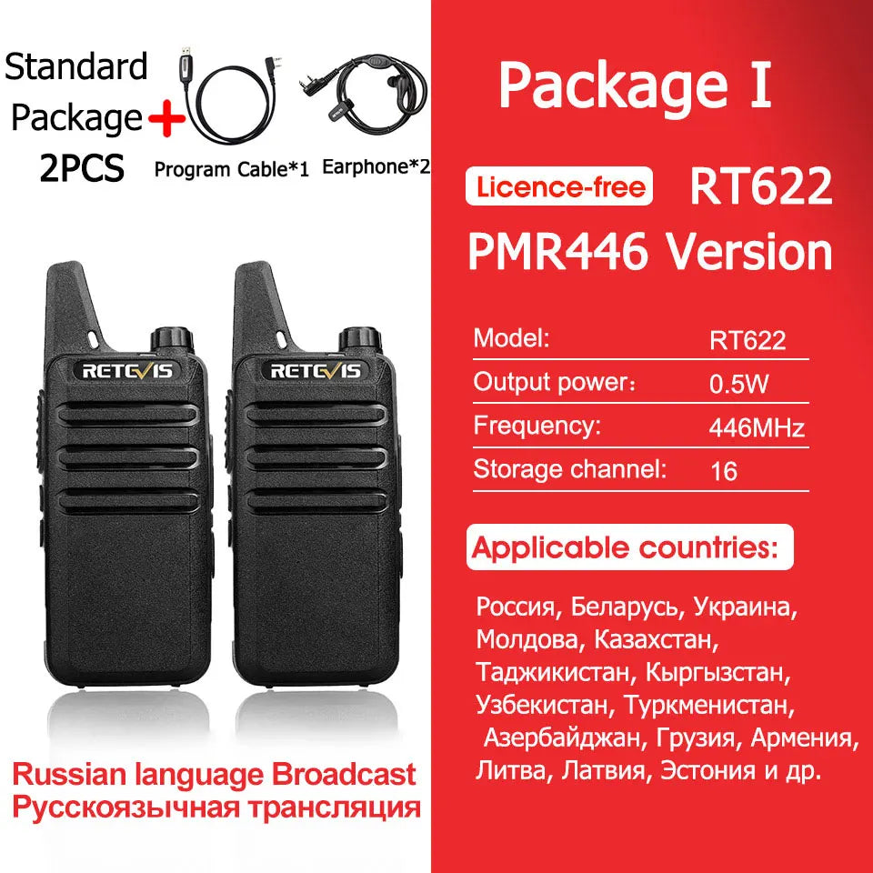 2 Pcs Mini Walkie Talkie PMR 446 Portable Two-Way Radio Ht PTT Walkie-Talkies RT622 Portable Radio for Hunting Cafe RT22