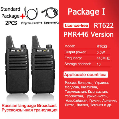 2 Pcs Mini Walkie Talkie PMR 446 Portable Two-Way Radio Ht PTT Walkie-Talkies RT622 Portable Radio for Hunting Cafe RT22