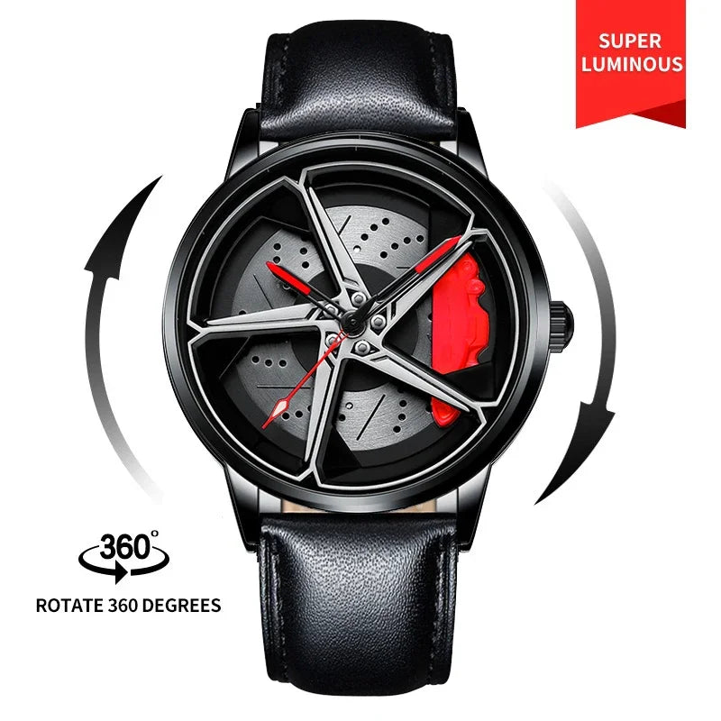 Sports Car Wheel Hub Men Watch Waterproof Rotate Watches Rim Watch Spinning Men'S Sports 360° Rotate Wheel Watches for Men Clock