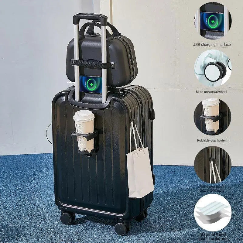 2023 New Combination Suitcase USB Charging Port with Cup Holder Large Capacity Trolley Case Travel Luggage Rugged Lockbox