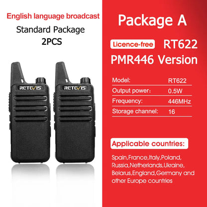 2 Pcs Mini Walkie Talkie PMR 446 Portable Two-Way Radio Ht PTT Walkie-Talkies RT622 Portable Radio for Hunting Cafe RT22